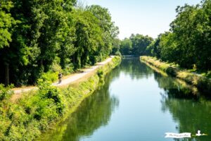 Ciclista a lo largo del canal del Ródano al Rin